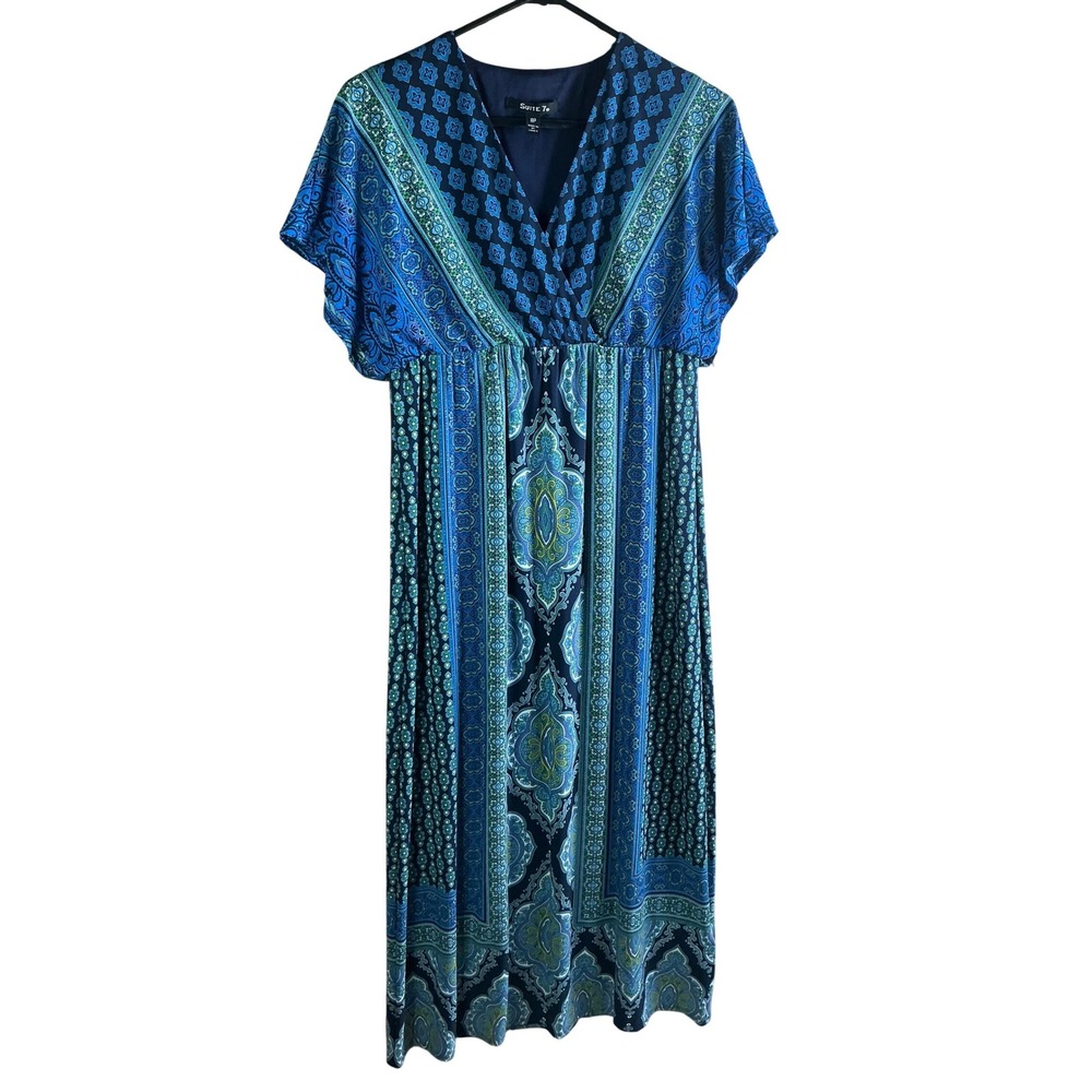 Suite 7‎ Blue Paisley Medallion Faux Wrap Maxi Dress Petite 8P Short Sleeve Boho